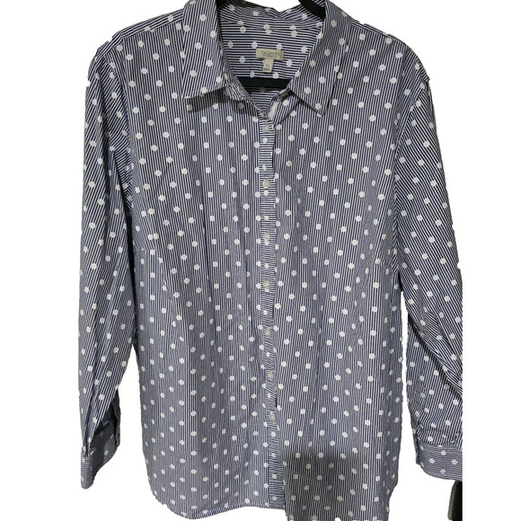 Talbots Top Womens 3X Polka Dot Button Up Long Sleeve Blue Striped Office Career - Picture 1 of 15